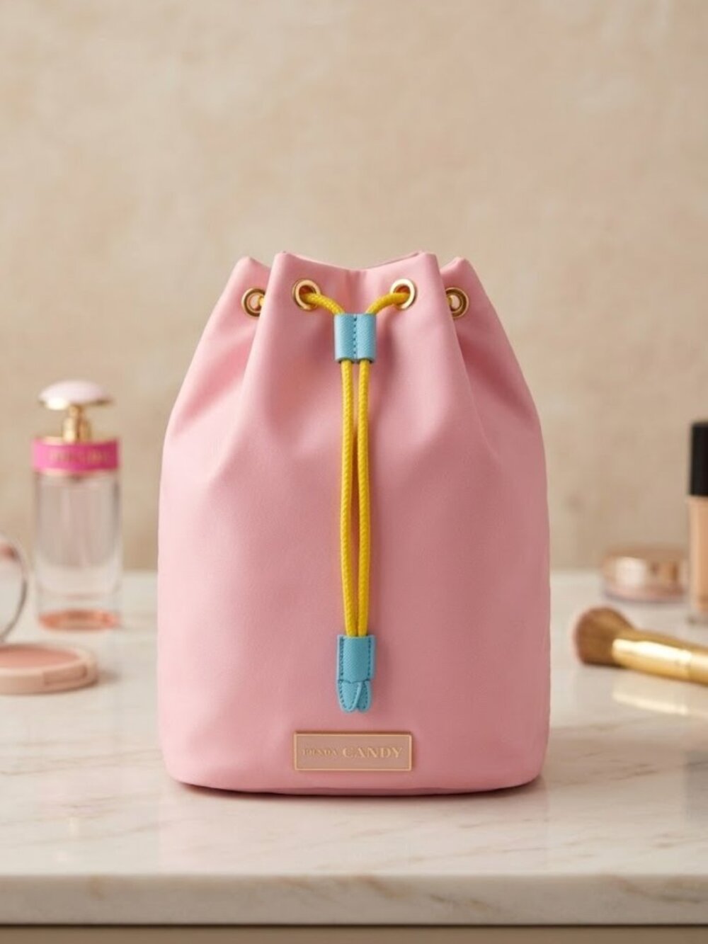 Prada Candy Sugar Pop Pink Satin Travel Toiletry Cosmetic Drawstring Closure Bag